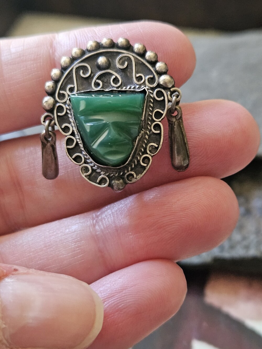 Taxco Aztec Green Jade Filigree Sterling Silver Earrings - Picture 8 of 8